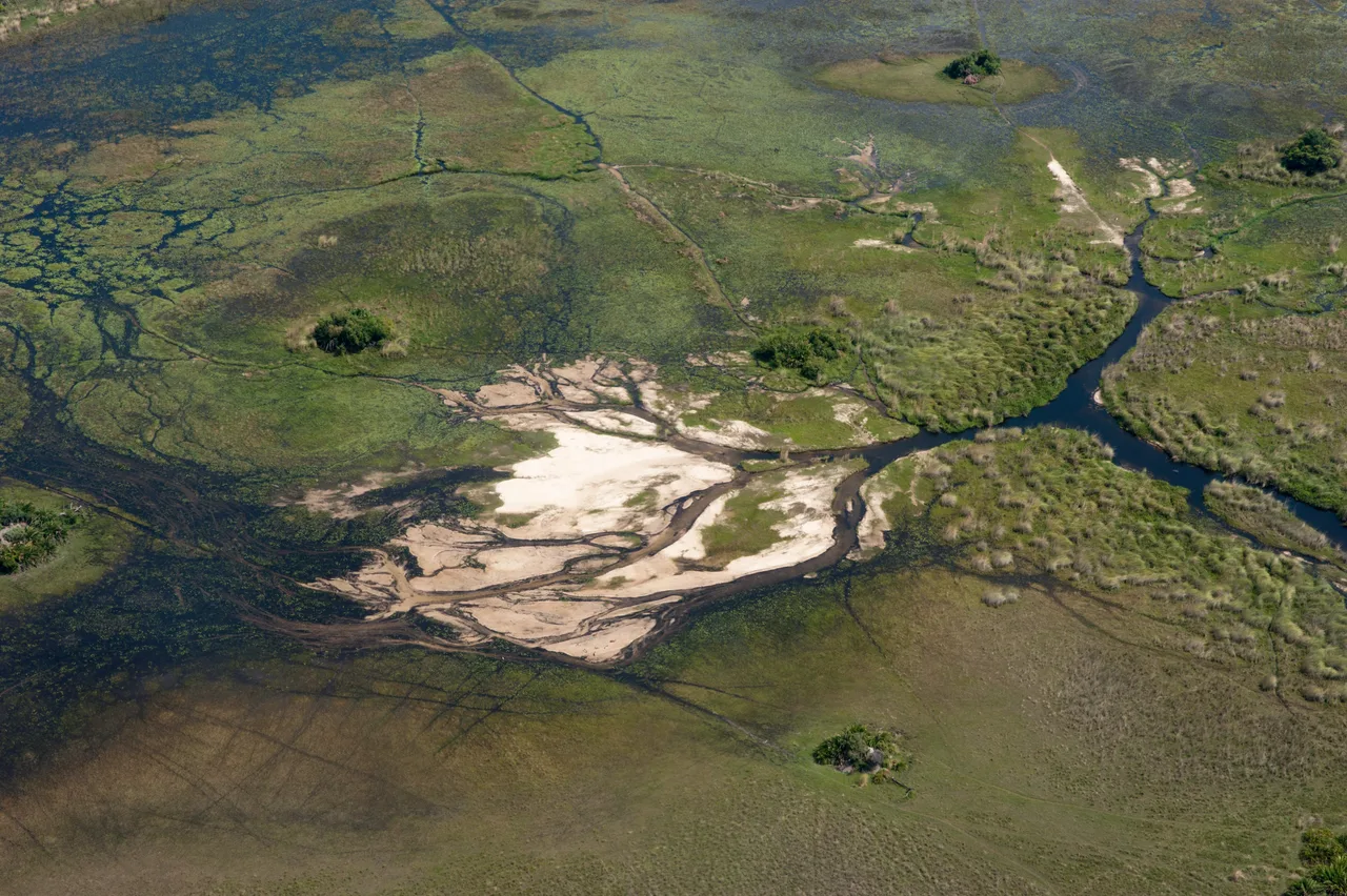 Vue aérienne des chenaux et des îlots du delta de l’Okavango.
