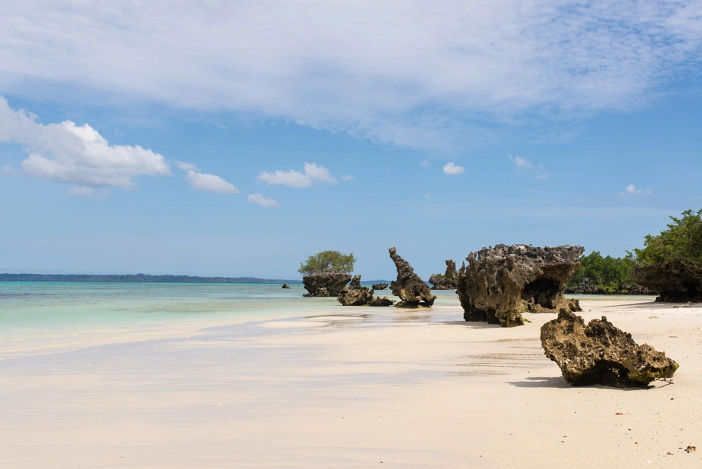 Rochers sur une plage de Pemba à marée basse.