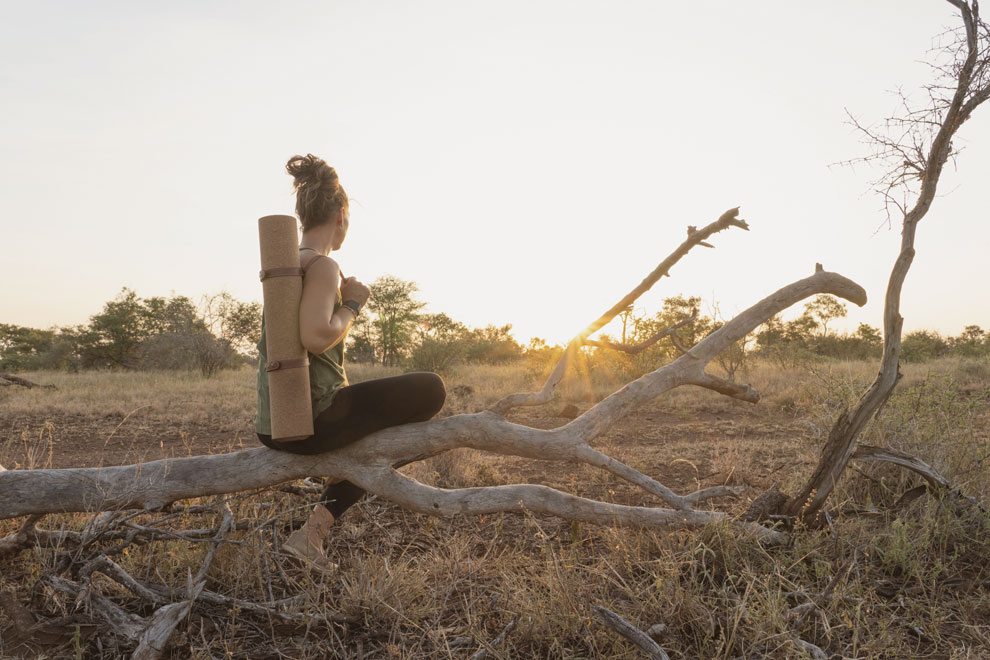 Une personne assise sur un tronc d’arbre contemple le coucher du soleil dans un paysage naturel, avec un tapis de yoga attaché dans son dos.